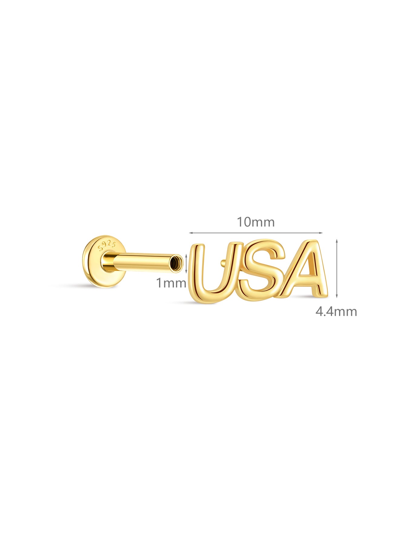 KOSINER classic plain USA letter flat back stud dimension display, total length 10mm, height 4.4mm, 1mm post thickness, S925 sterling silver internally threaded labret post, polished solid gold USA word cartilage piercing earring