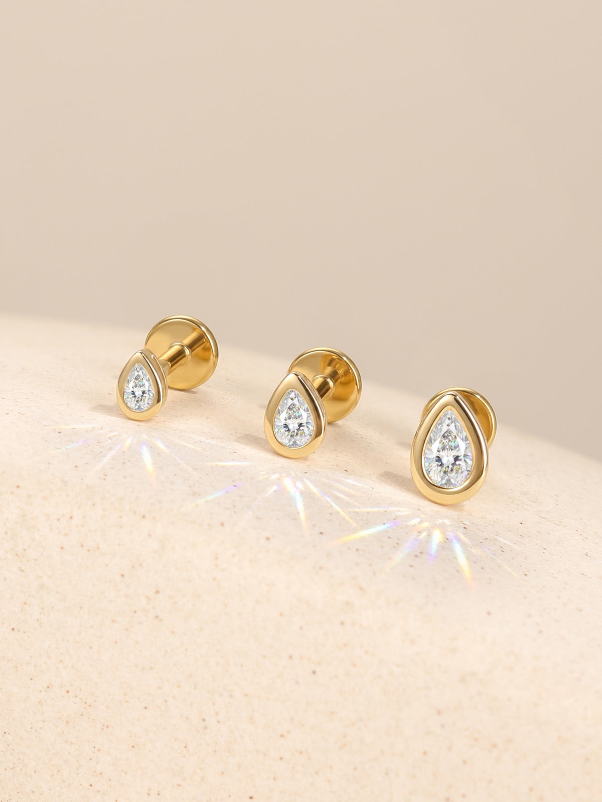 KOSINER multi-size pear bezel lab-grown diamond flat back studs in 14K solid gold