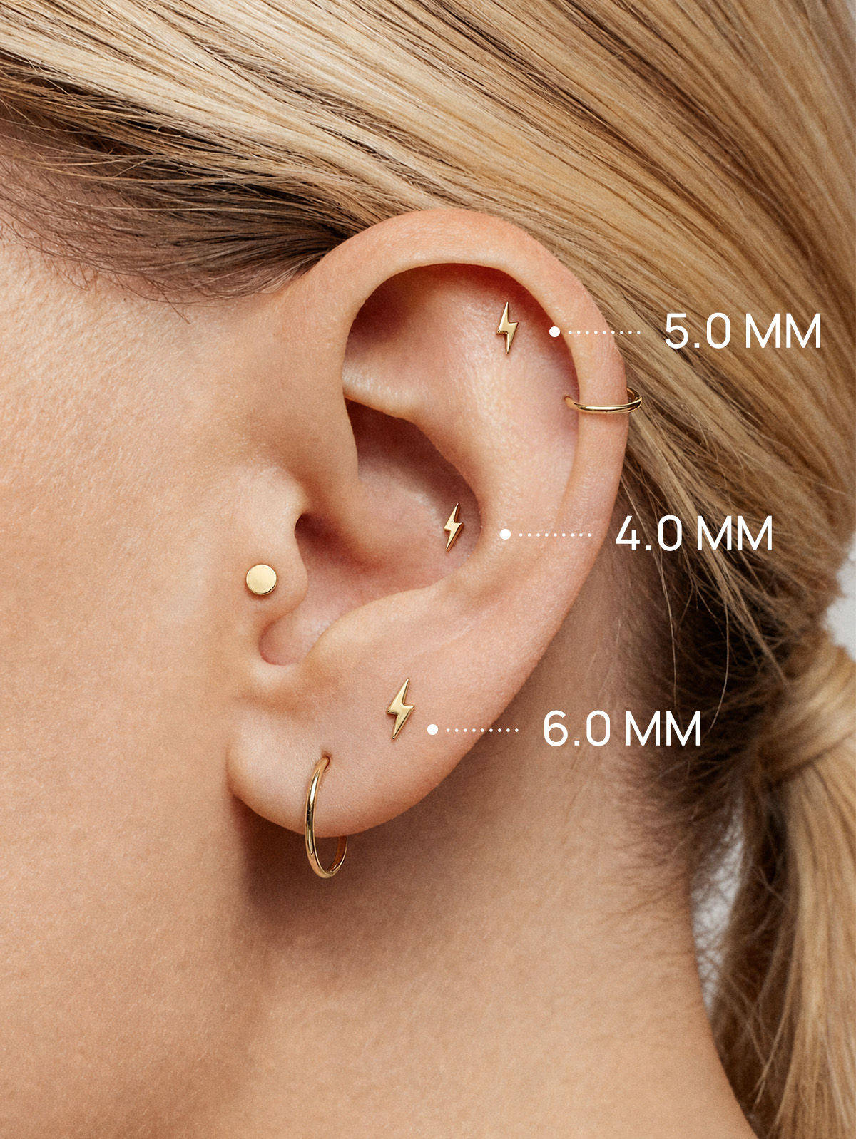 KOSINER Lightning Stud Size Guide(4.0/5.0/6.0mm), 14K Solid Gold Smooth Polished Flat Back Piercing Ear Jewelry