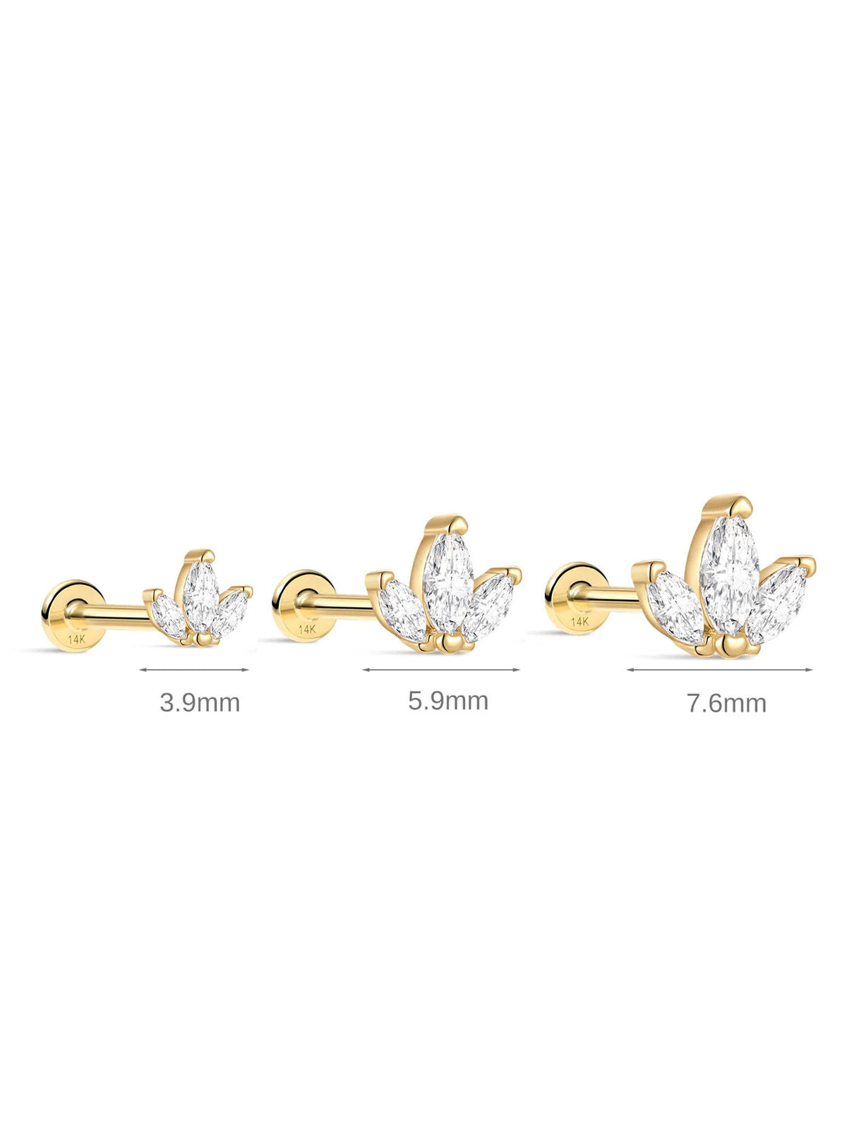 Kosiner three size marquise trio flat back studs: 3.9mm, 5.9mm, 7.6mm