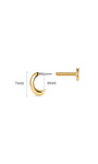 Disassembled view of KOSINER C-shape flat back piercing stud, marked overall 7mm height and inner 4mm opening measurement, displaying internally threaded decorative front and separate smooth flat back post