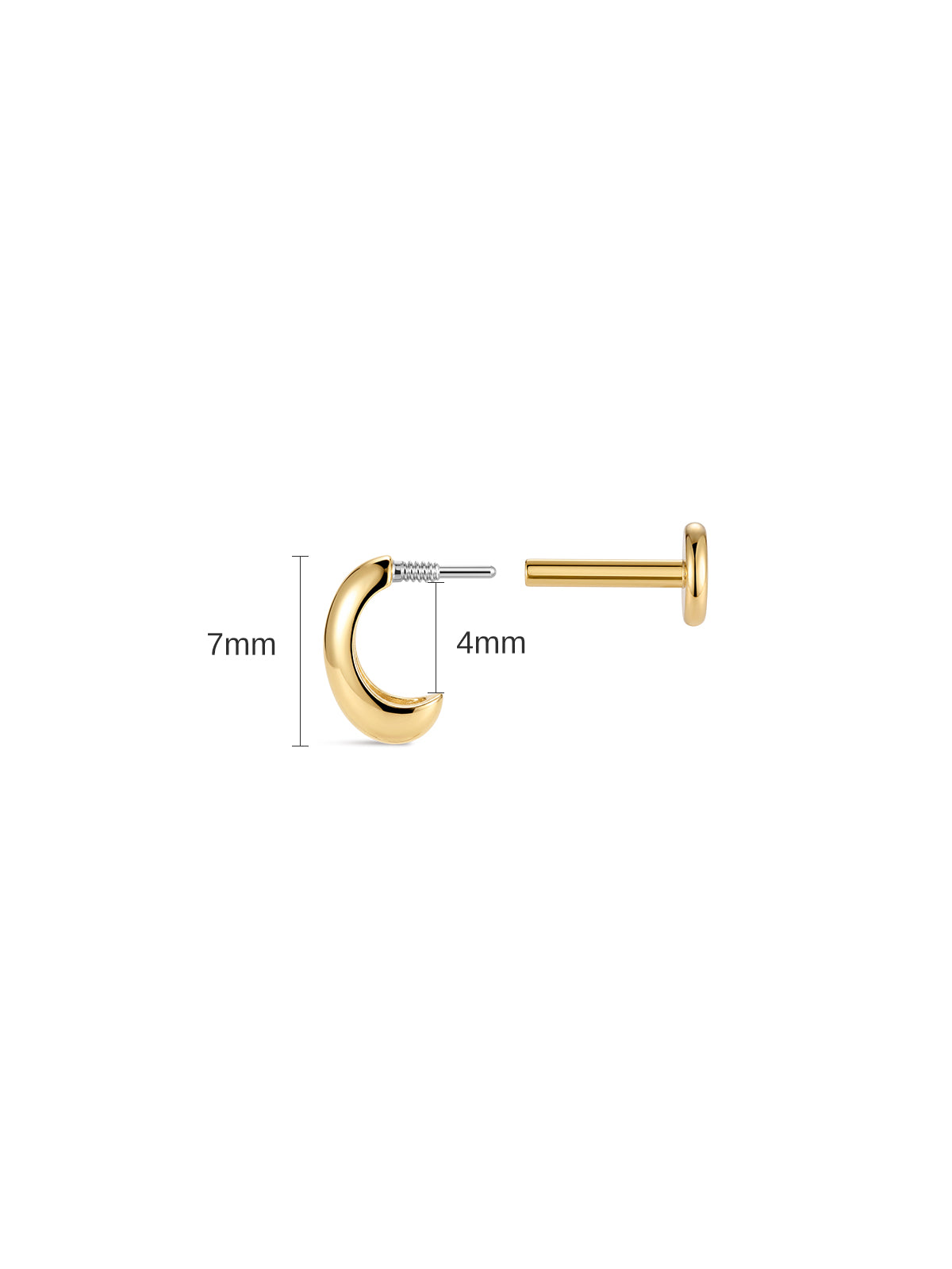 Disassembled view of KOSINER C-shape flat back piercing stud, marked overall 7mm height and inner 4mm opening measurement, displaying internally threaded decorative front and separate smooth flat back post