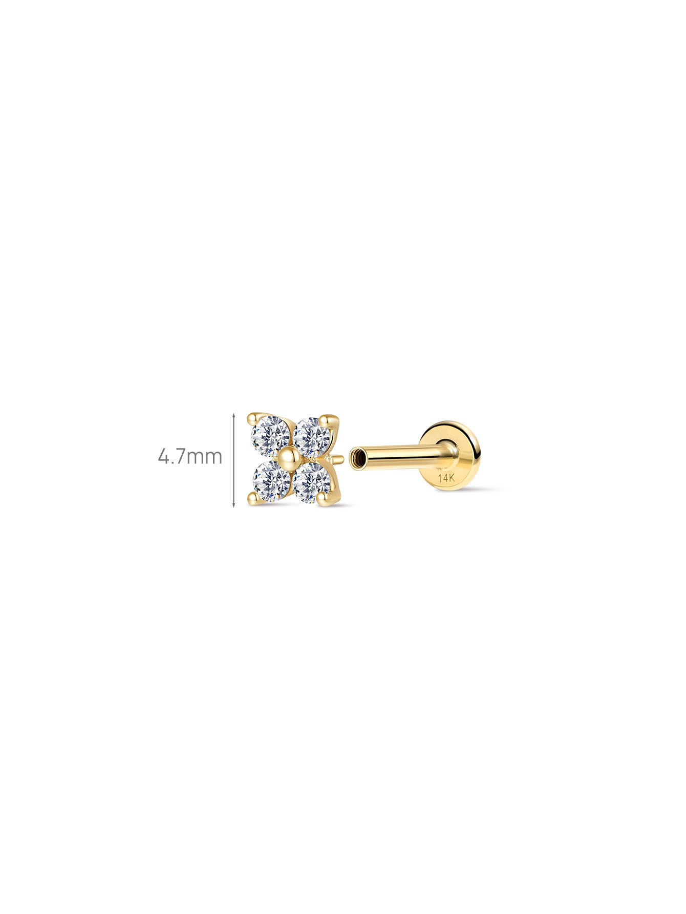 KOSINER Flower Lab-Grown Diamond Stud Size Guide (4.7mm), 14K Gold Flat Back Piercing Earring