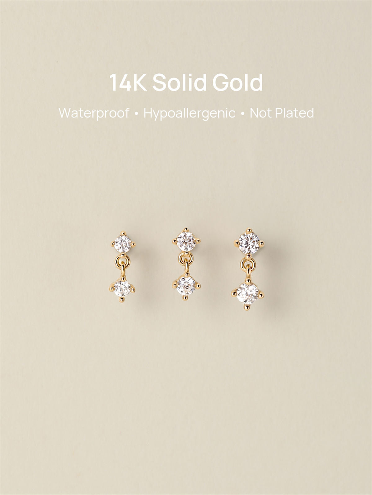 KOSINER 14K Solid Gold drop flat back studs sizes 7.0mm 7.5mm 8.0mm, waterproof hypoallergenic not plated minimalist dangle piercing earrings