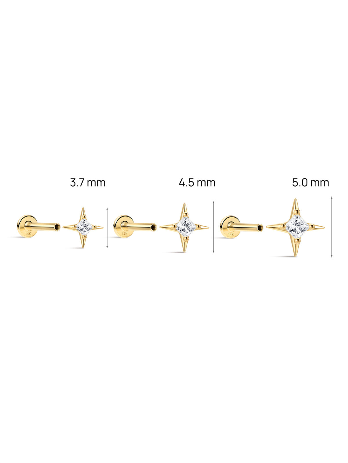 KOSINER Four-Point Star Stud Size Guide (3.7/4.5/5.0mm), 14K Gold Flat Back Piercing Earring