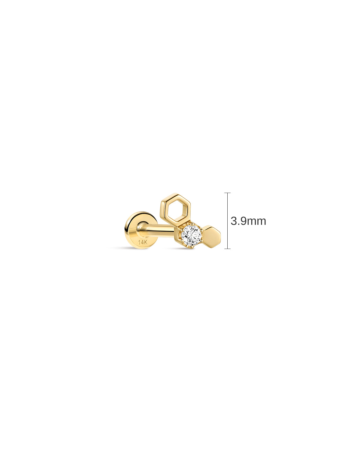 3.9mm dimension reference of 14K solid gold honeycomb flat back cartilage stud, round cz hexagon tragus piercing earring size marking, minimalist white background