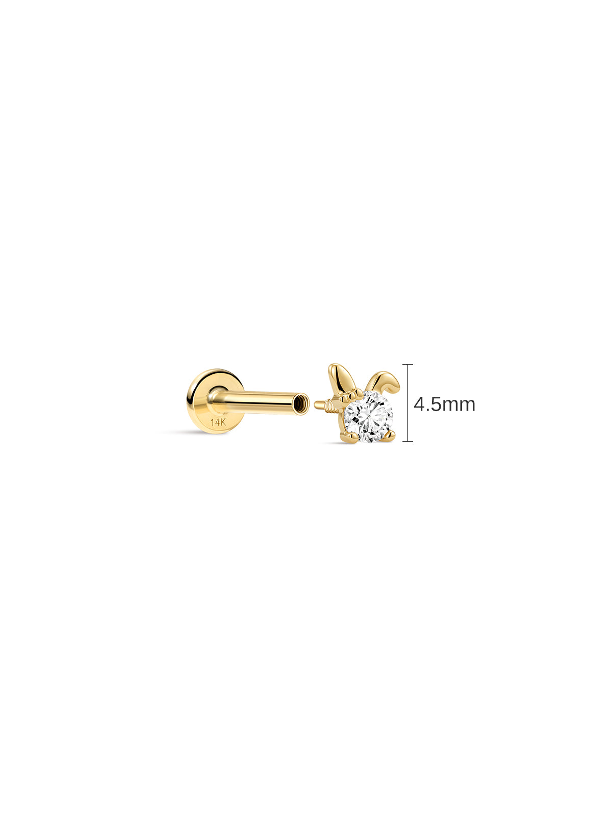 Side view of 4.5 mm Little Wonder 14K gold rabbit flat back stud
