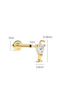 Dimension diagram of KOSINER wine glass flat back stud in 14K solid gold: back base diameter 3mm, threaded tube length 1mm, decorative front width 2.8mm, total height 6.28mm, precise sizing data for lobe and cartilage piercing installation