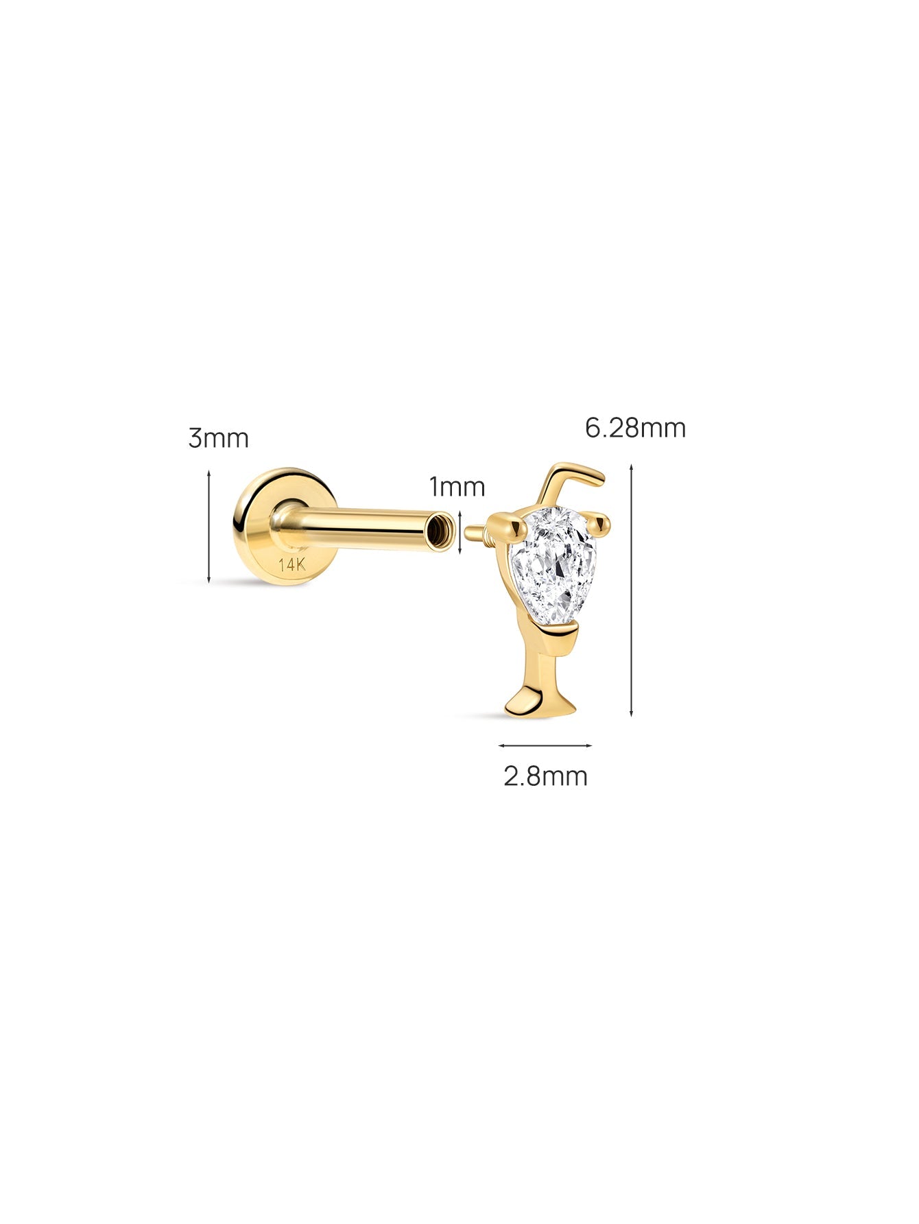 Dimension diagram of KOSINER wine glass flat back stud in 14K solid gold: back base diameter 3mm, threaded tube length 1mm, decorative front width 2.8mm, total height 6.28mm, precise sizing data for lobe and cartilage piercing installation