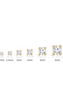Horizontal size lineup of KOSINER 14K gold round moissanite studs (2mm-6mm), four-prong setting, clear size labels beneath each piece on plain white backdrop