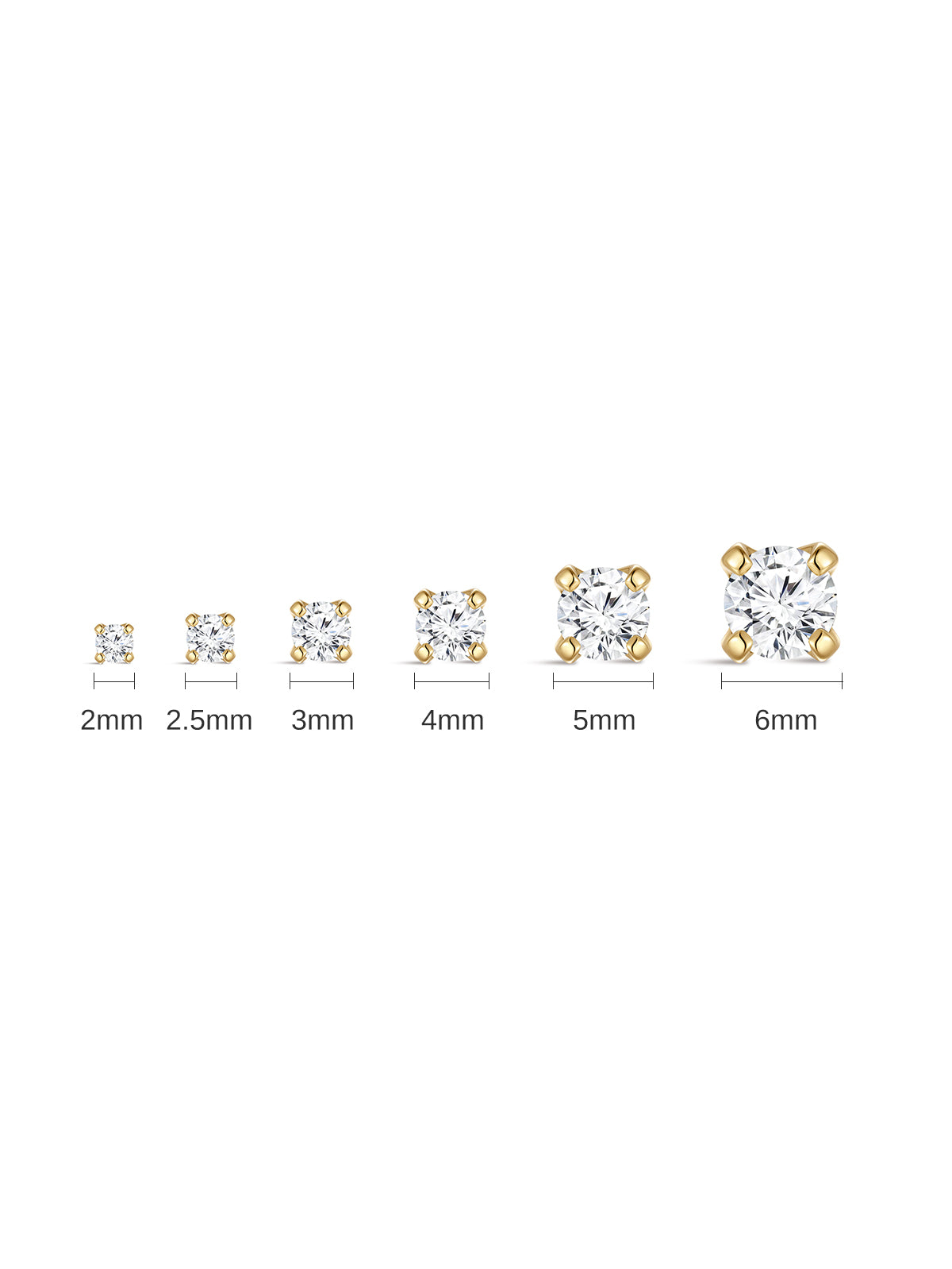 Horizontal size lineup of KOSINER 14K gold round moissanite studs (2mm-6mm), four-prong setting, clear size labels beneath each piece on plain white backdrop