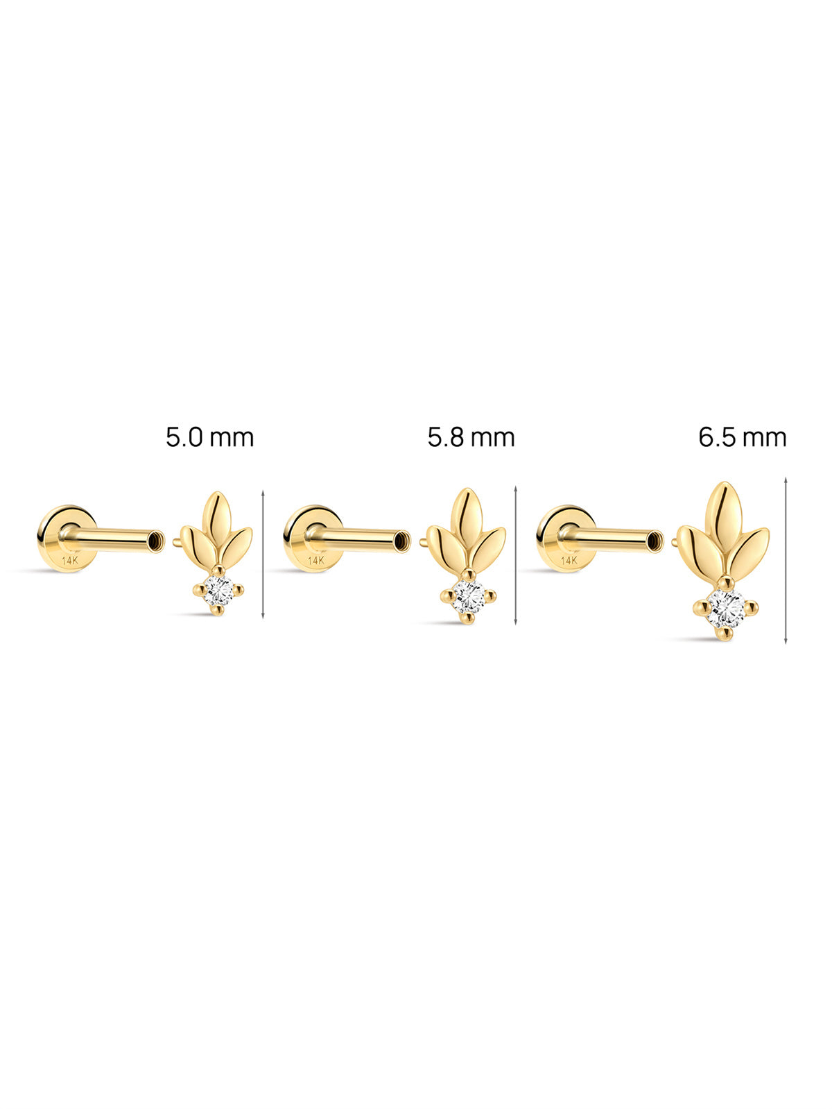 KOSINER Leaf Stud Size Guide (5.0/5.8/6.5mm), 14K Gold Flat Back Piercing Earring