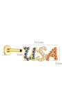 KOSINER patriotic USA letter flat back stud dimension display, total length 13.5mm, height 5.5mm, 1mm post thickness, S925 sterling silver internally threaded labret post, red white blue crystal patriotic USA word cartilage piercing earring