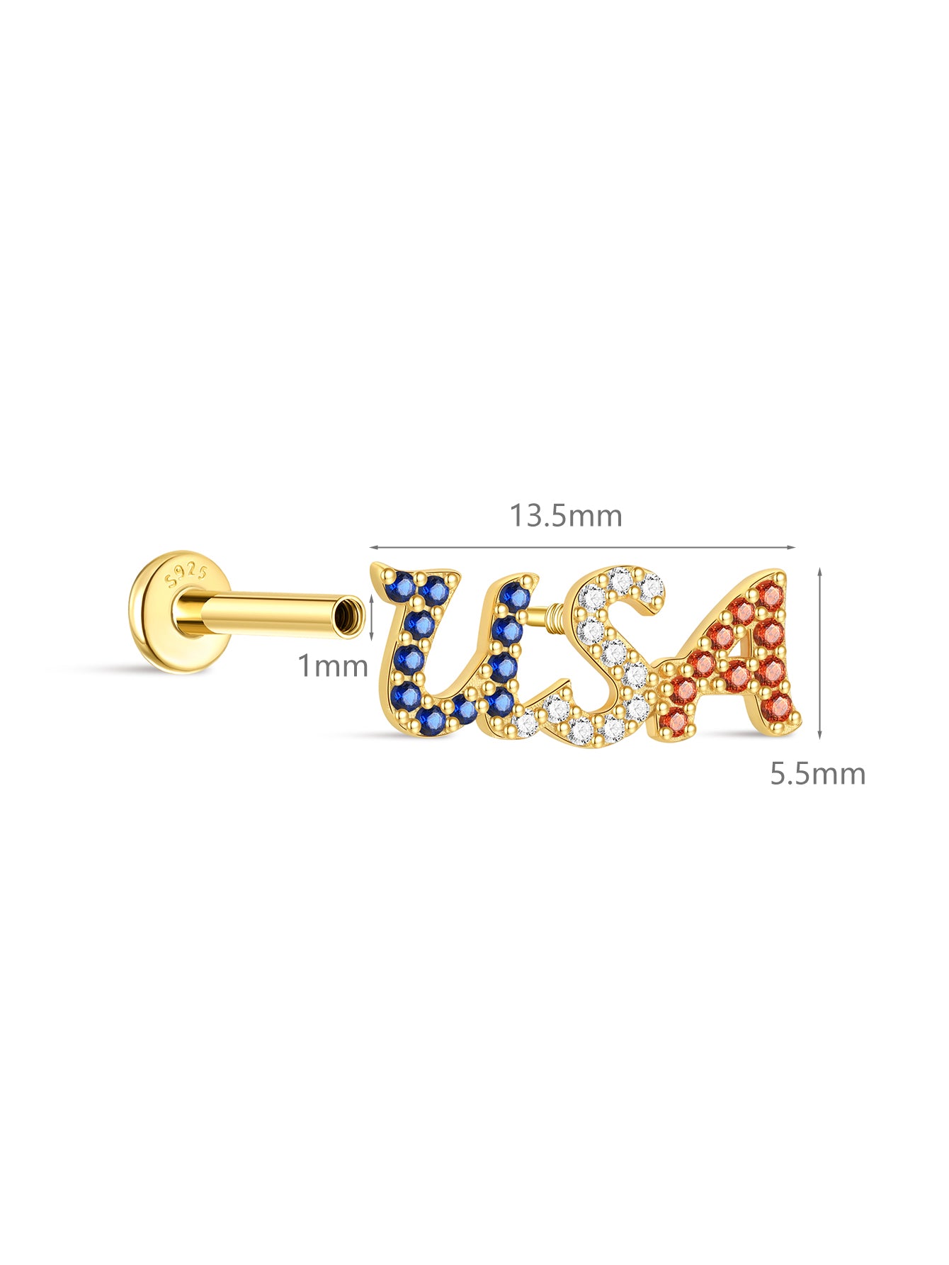 KOSINER patriotic USA letter flat back stud dimension display, total length 13.5mm, height 5.5mm, 1mm post thickness, S925 sterling silver internally threaded labret post, red white blue crystal patriotic USA word cartilage piercing earring