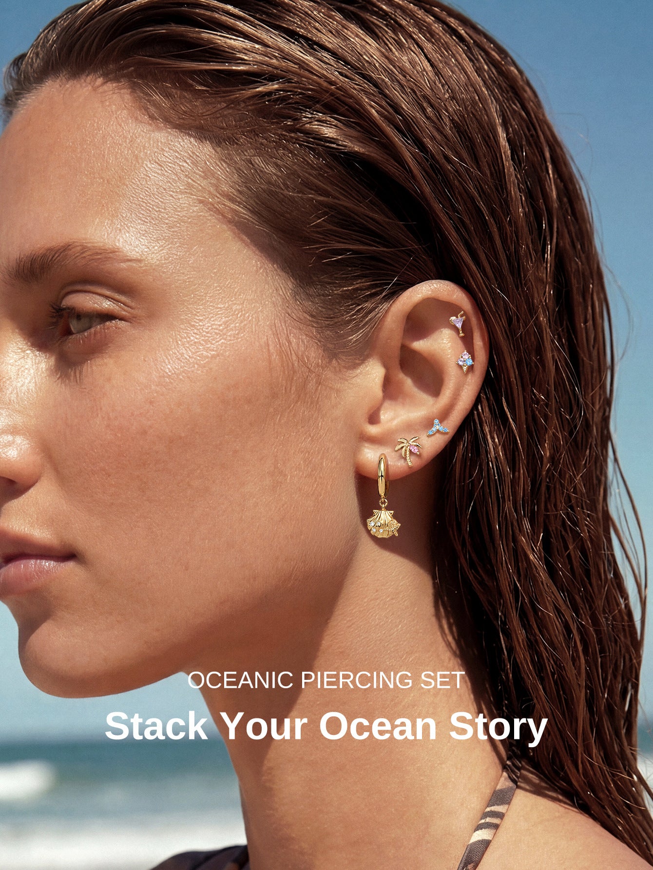 KOSINER Summer beach-inspired ear piercing set with coconut tree stud