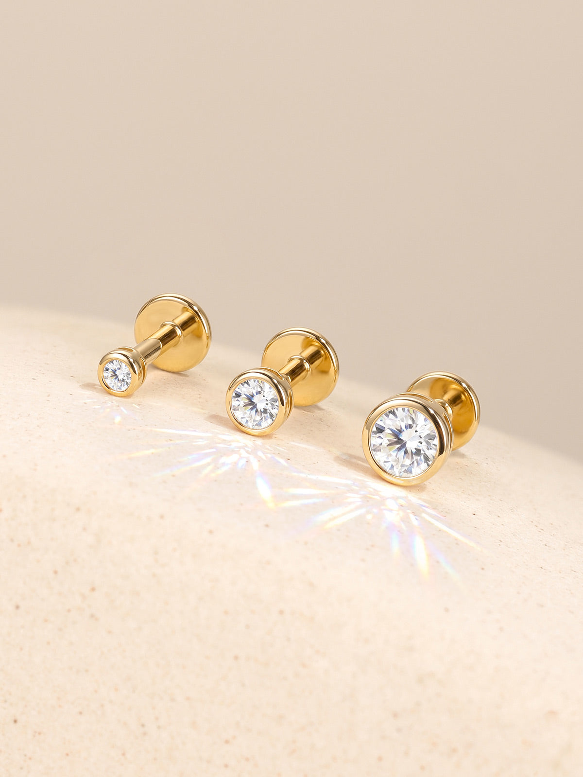 KOSINER multi-size round bezel lab-grown diamond flat back studs in 14K solid gold