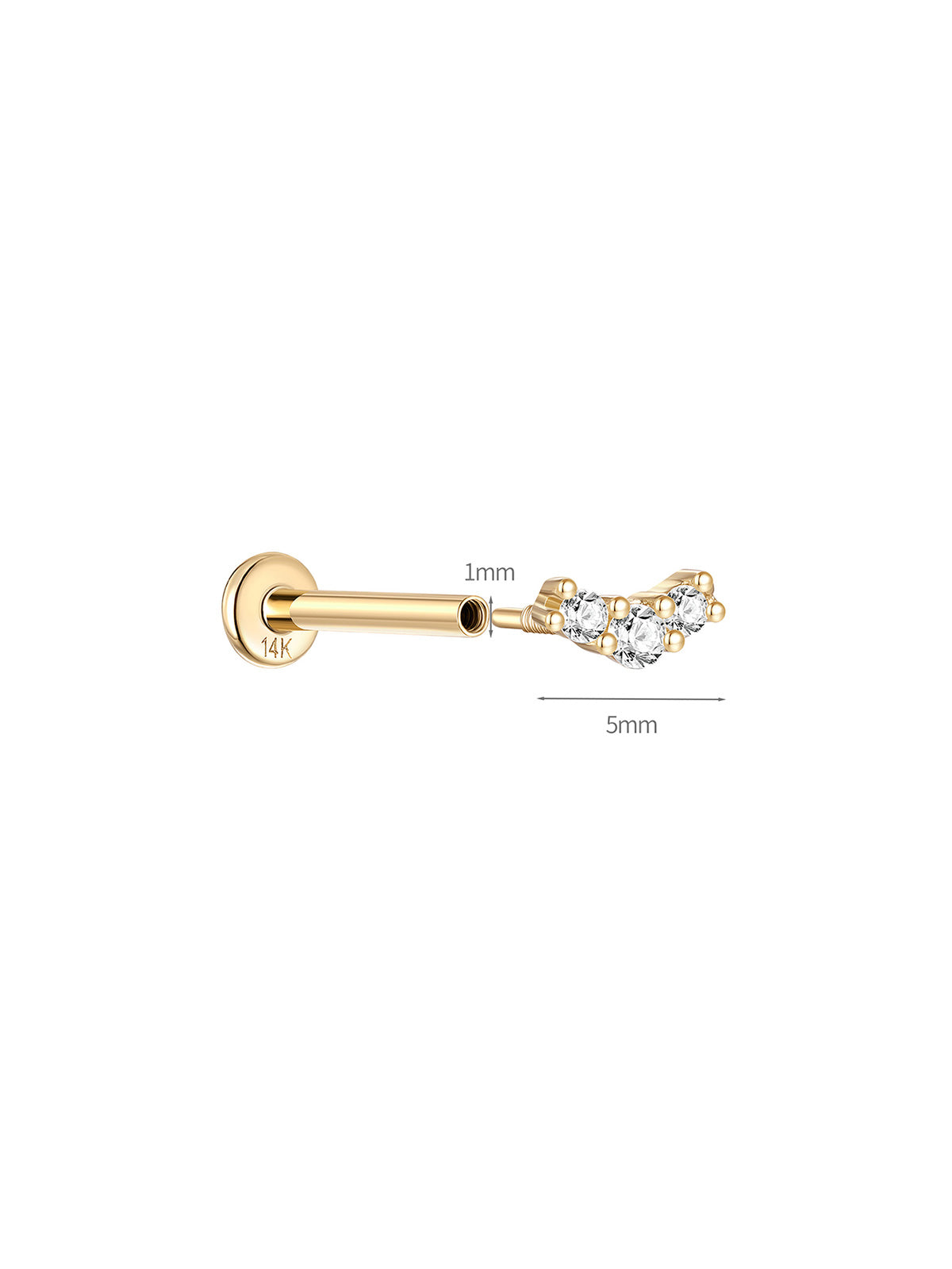 KOSINER 14K Solid Gold Delicate Pave Curved Flat Back Stud, pave cubic zirconia accent, elegant daily ear jewelry