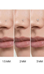 Three-panel side-by-side nose size reference photo displaying 1.5mm, 2mm, 3mm KOSINER twist nose studs on nostril to show visual size difference