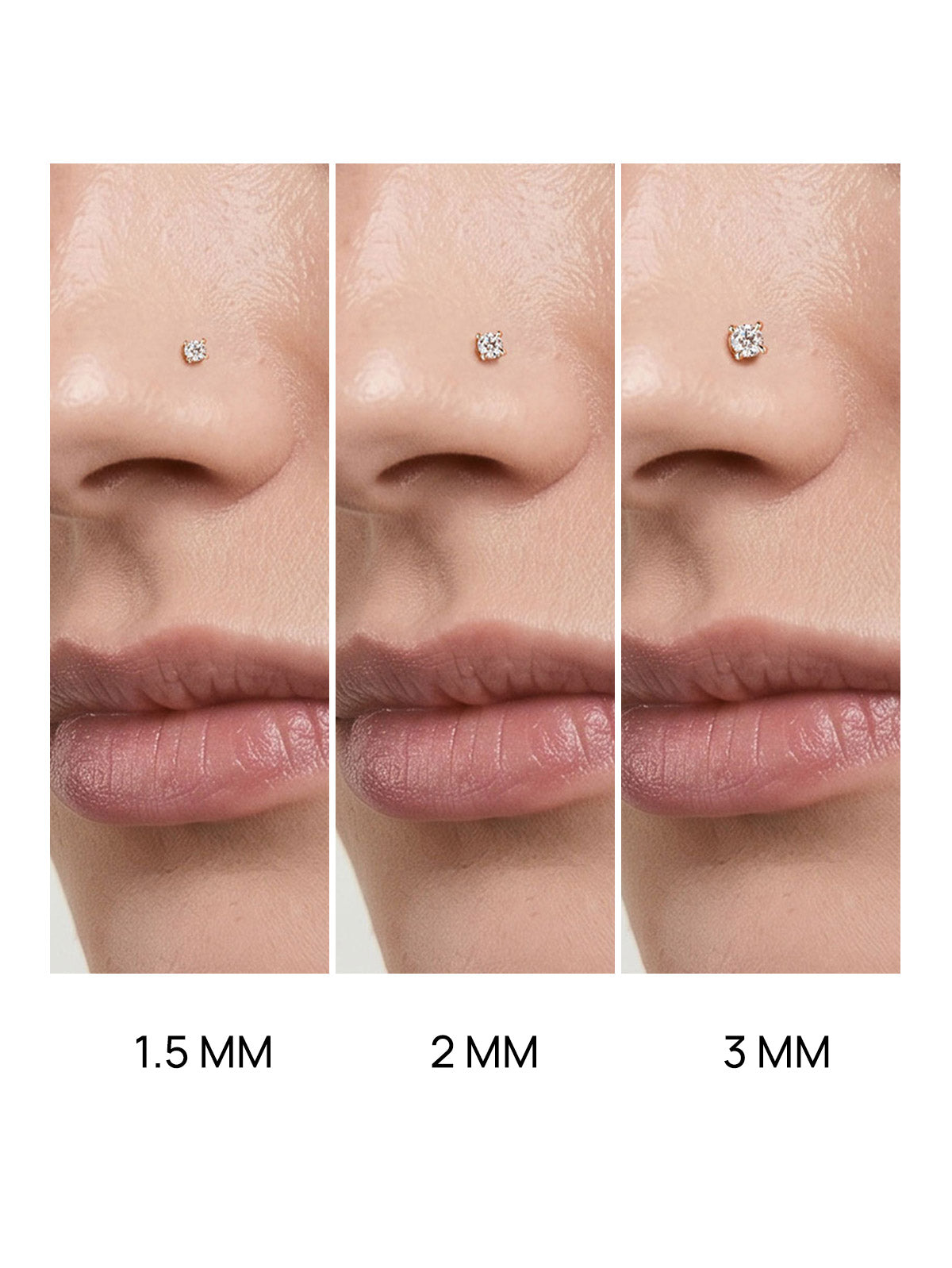 Three-panel side-by-side nose size reference photo displaying 1.5mm, 2mm, 3mm KOSINER twist nose studs on nostril to show visual size difference