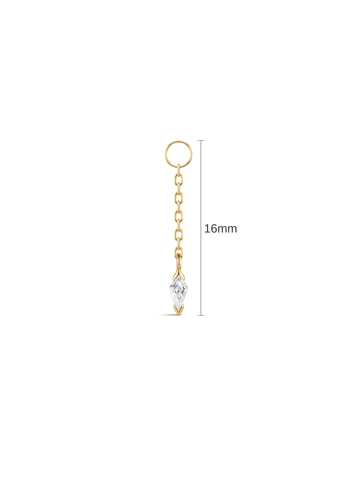 16mm total length size chart of 14K solid gold kite drop detachable CZ pendant charm, white background dimension reference