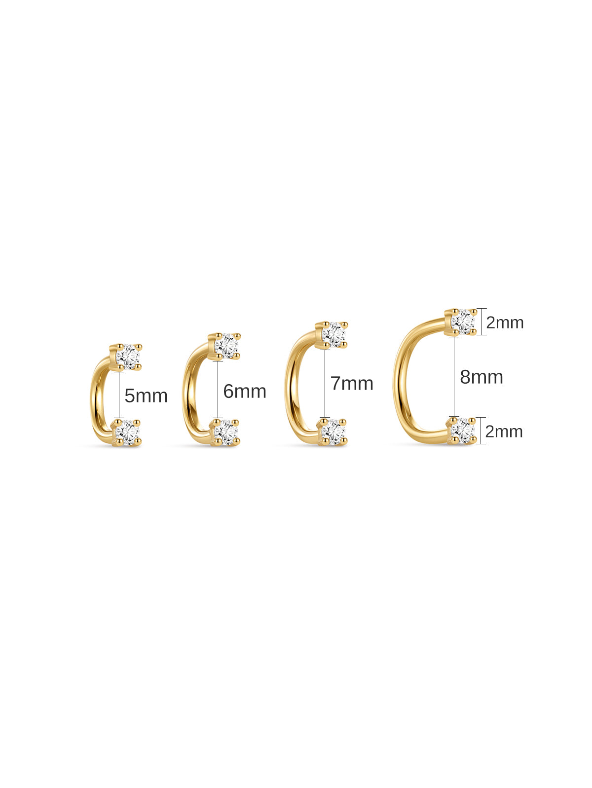 Four sizes of KOSINER 14K solid gold curved barbell piercings with two prong-set round cubic zirconia stones, minimalist open C shape cartilage studs arranged on warm beige background