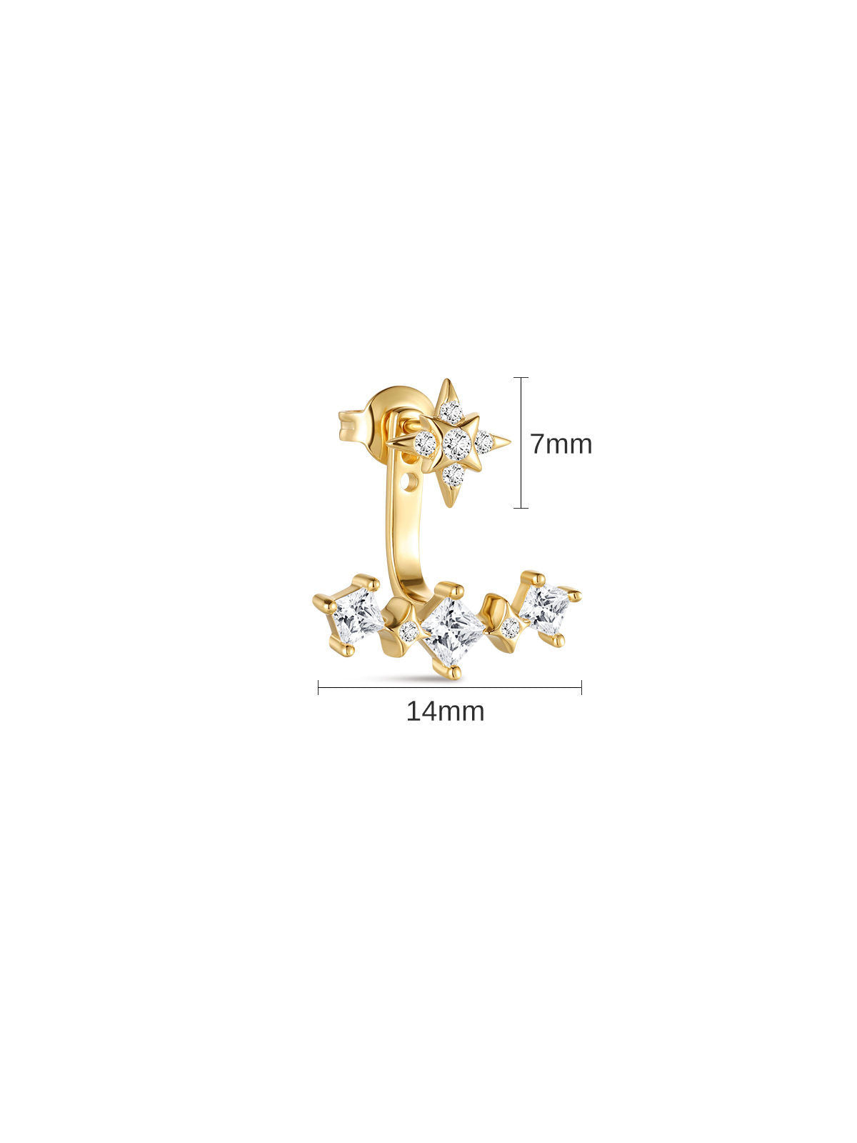 Front view of KOSINER Rising Star gold-plated curved earring with an eight-pointed star and three square clear stones