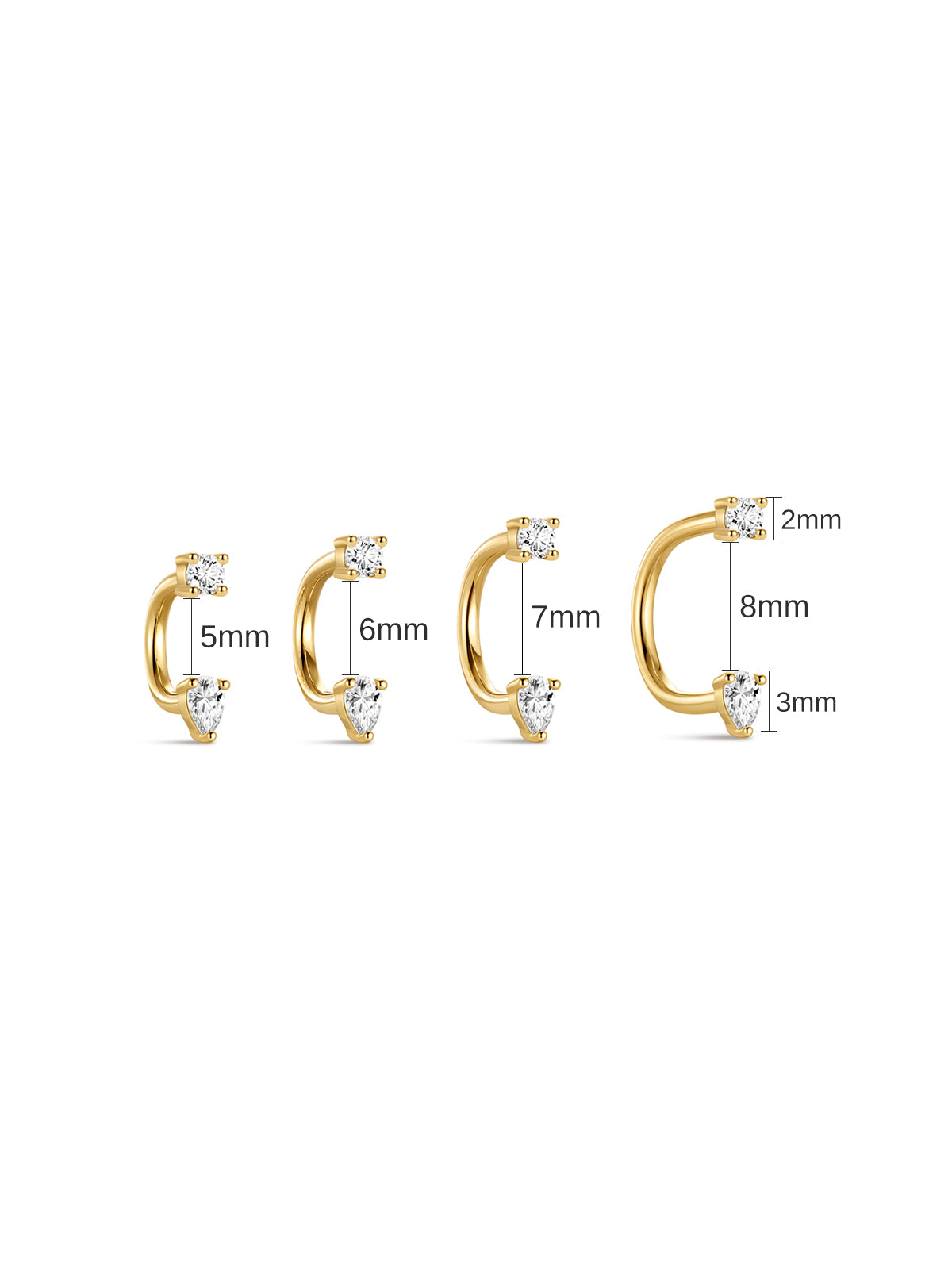 Different sizes 5mm to 8mm KOSINER pear curved gold barbell earring worn on human ear, size comparison cartilage piercing jewelry daily minimalist style