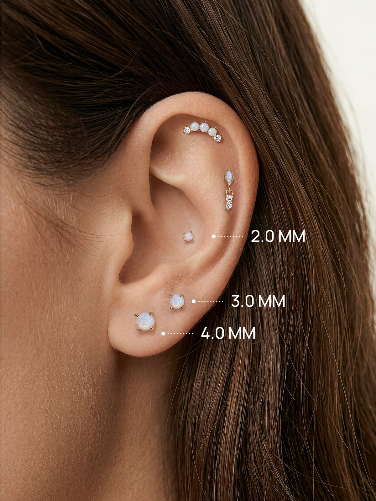 KOSINER 14K Solid Gold Minimal Round Prong-Set Opal Flat Back Piercing Stud, Nickel-Free Waterproof Tiny Rainbow Opal Cartilage Earring for Multi Ear Stack Piercing