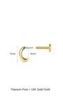 Disassembled view of KOSINER C-shape flat back piercing stud, marked overall 7mm height and inner 4mm opening measurement, displaying internally threaded decorative front and separate smooth flat back post
