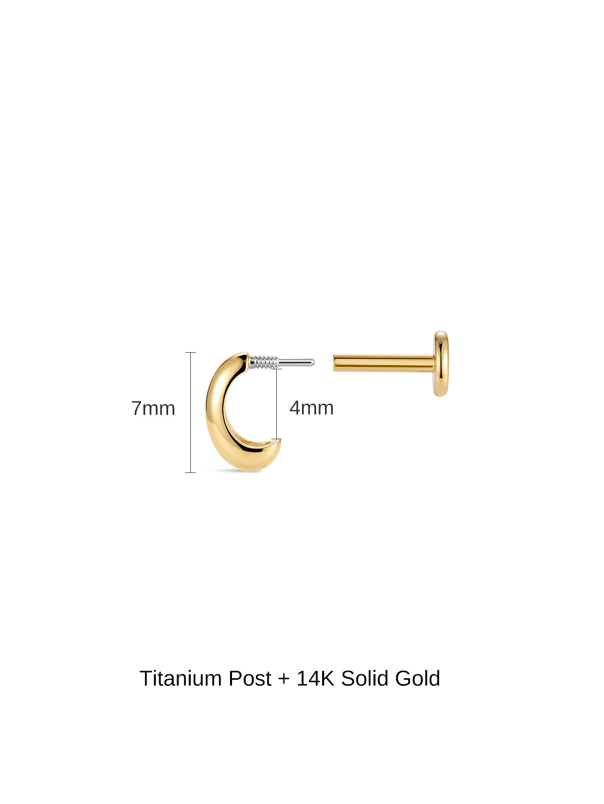 Disassembled view of KOSINER C-shape flat back piercing stud, marked overall 7mm height and inner 4mm opening measurement, displaying internally threaded decorative front and separate smooth flat back post