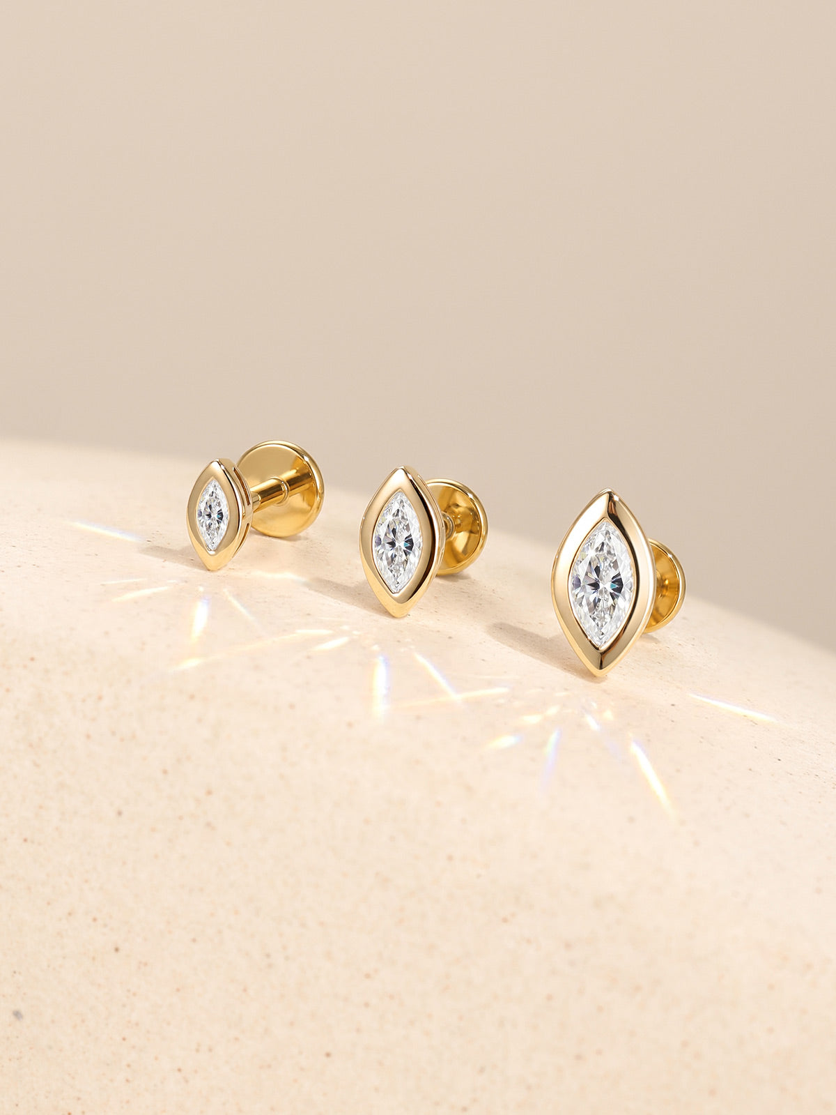 KOSINER multi-size marquise bezel lab-grown diamond flat back studs in 14K solid gold