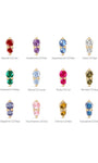 Labeled 12-piece dual birthstone stud lineup, 14K gold two-stone prong setting, each variant marked with corresponding month: Garnet(Jan), Amethyst(Feb), Aquamarine(Mar), Clear(Apr), Emerald(May), Spinel(Jun), Ruby(Jul), Peridot(Aug), Sapphire(Sep), Tourmaline(Oct), Citrine(Nov), Tanzanite(Dec)