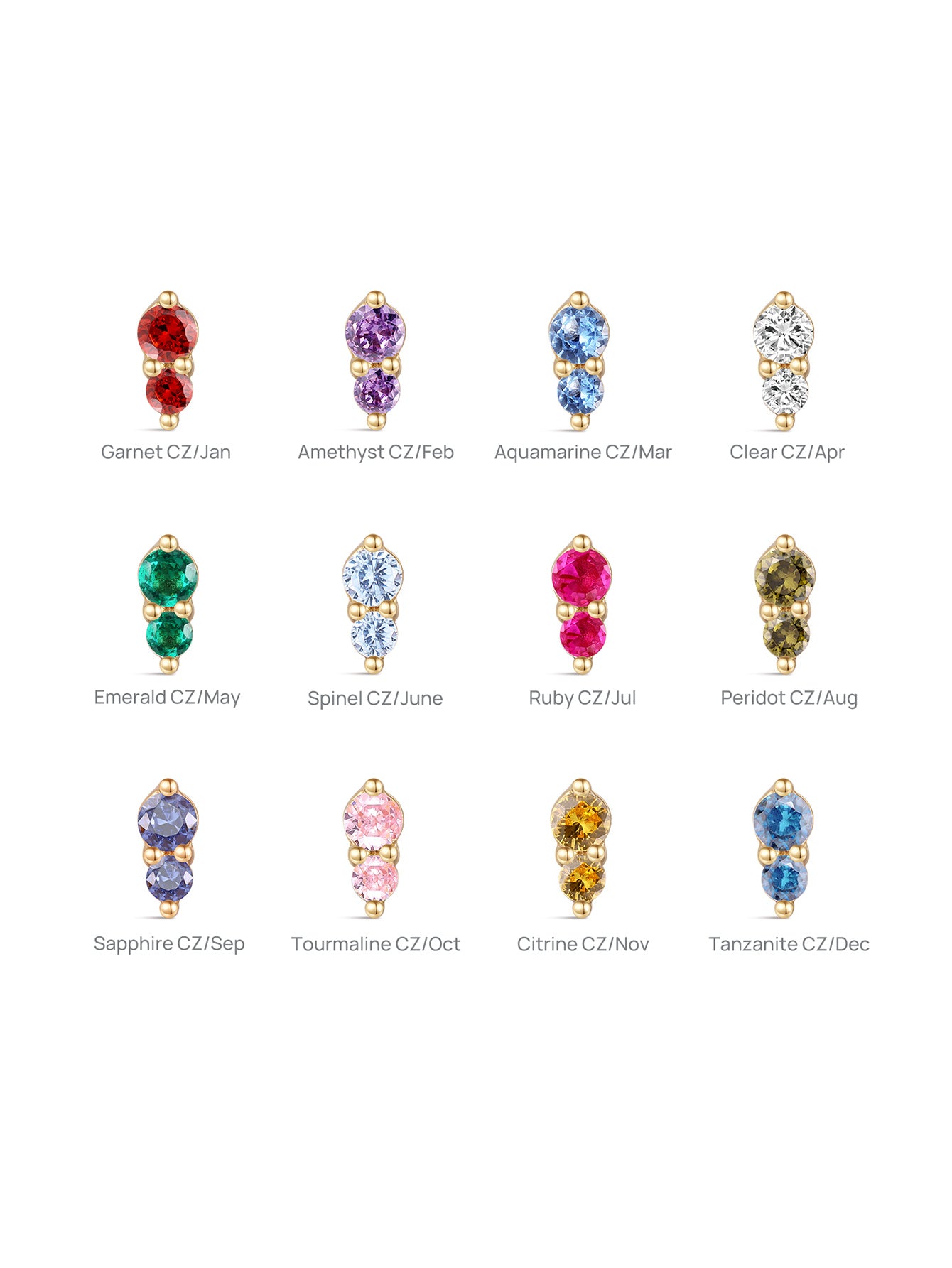 Labeled 12-piece dual birthstone stud lineup, 14K gold two-stone prong setting, each variant marked with corresponding month: Garnet(Jan), Amethyst(Feb), Aquamarine(Mar), Clear(Apr), Emerald(May), Spinel(Jun), Ruby(Jul), Peridot(Aug), Sapphire(Sep), Tourmaline(Oct), Citrine(Nov), Tanzanite(Dec)