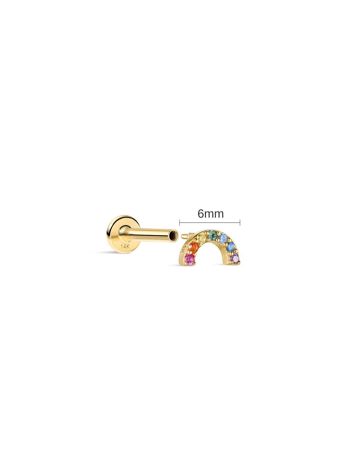 Side view of 6 mm Little Wonder 14K gold rainbow flat back stud