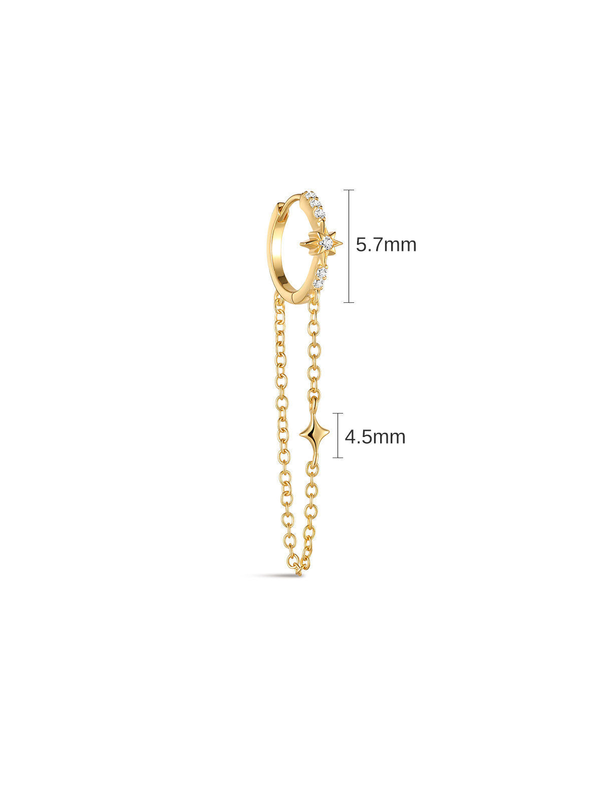 Front view of KOSINER Rising Star gold-plated chain hoop with a clear stone star and a four-pointed charm on the chain