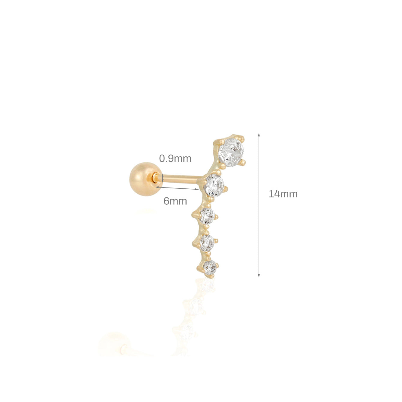 Gold-plated 925 sterling silver ear climber with 5 CZ stones. 14mm length, 6mm bar, 0.9mm gauge.