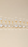 Size lineup of KOSINER 14K solid gold classic navel studs, available in 8mm & 10mm bar lengths with 2mm/3mm/4mm/5mm/6mm stone diameter options, dimension labeled reference display for belly piercing sizing selection