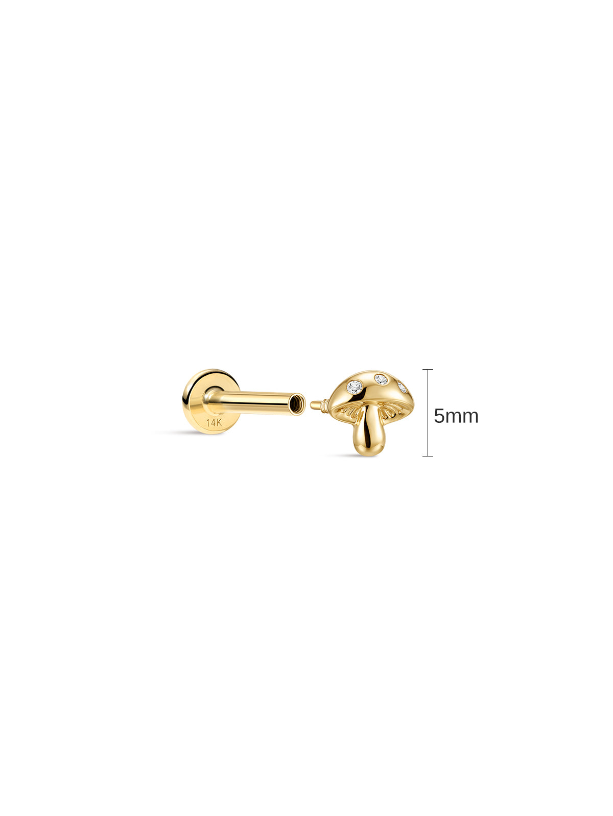 KOSINER Little Wonder 14K solid gold mushroom stud with a 5mm top shown detached from its threaded flat back post