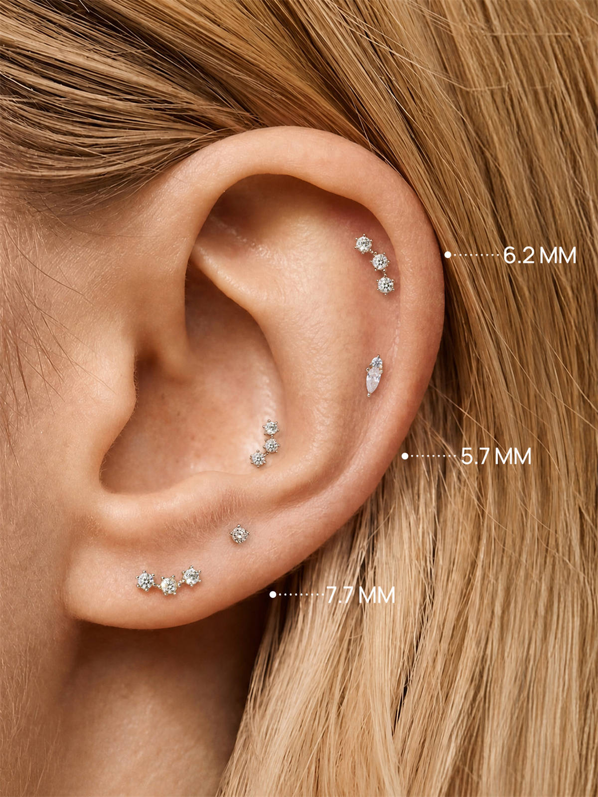 KOSINER Triple-Point Cluster Stud Ear Stack, 14K Gold Helix Conch Piercing Jewelry for Women, Waterproof & Sleep-Friendly