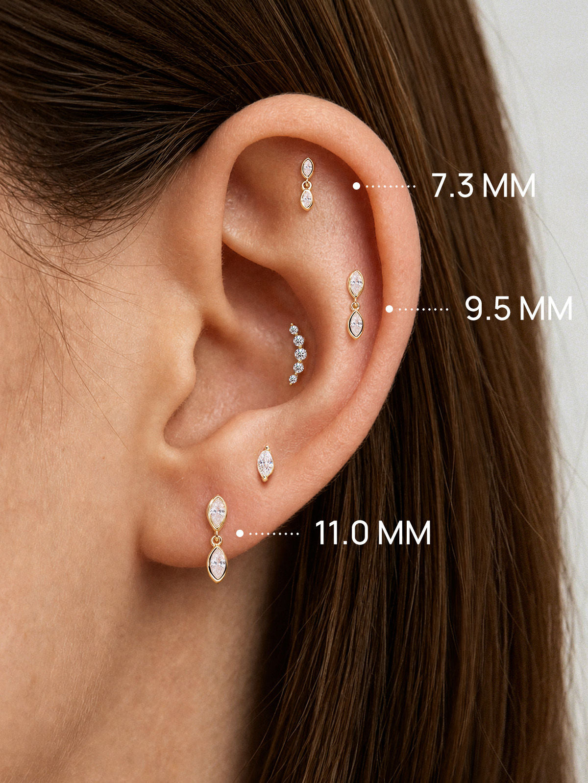 KOSINER 14K Solid Gold Dual Bezel Marquise Dangle Flat Back Stud, Nickel-Free Waterproof Elegant Dainty Multi Piercing Jewelry for Women