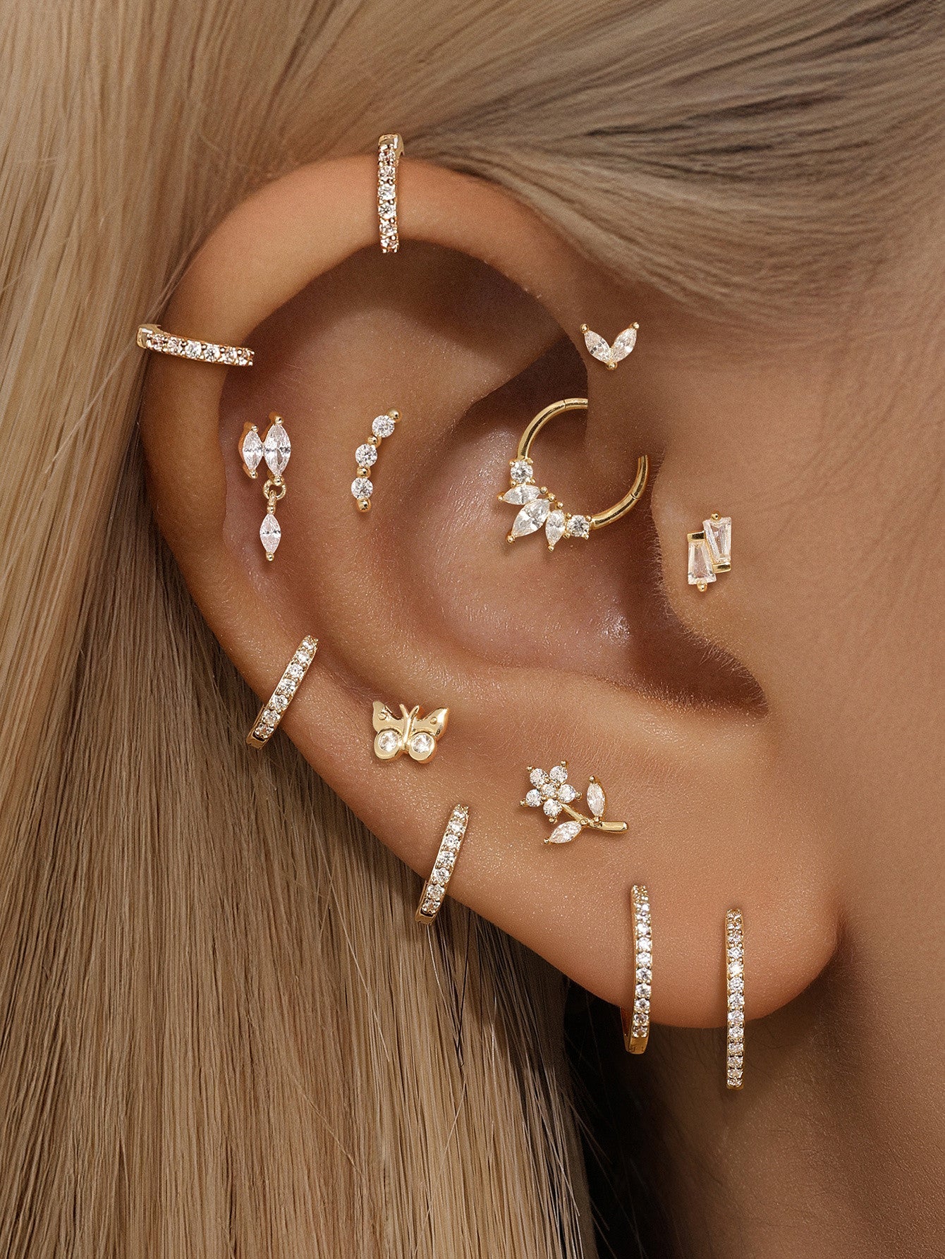 14K Solid Gold Double Trapezoidal Zircon Ear Piercing Stud - Kosinerjewelry