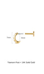 Exploded view of KOSINER C-shape flat back stud with size markings: total 7mm height, inner opening 4mm, showing threaded decorative front with pavé CZ row and separate smooth flat back labret post