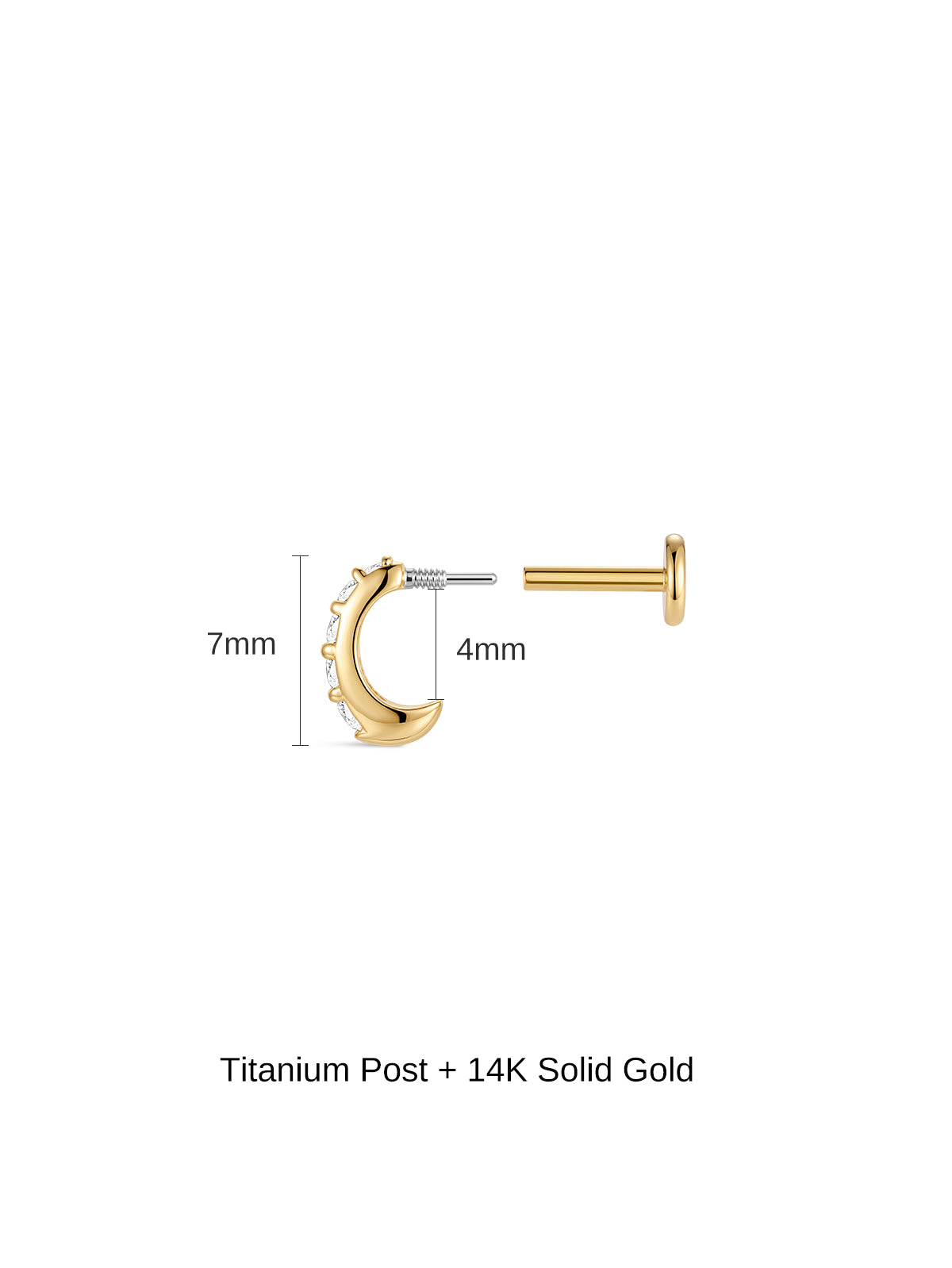 Exploded view of KOSINER C-shape flat back stud with size markings: total 7mm height, inner opening 4mm, showing threaded decorative front with pavé CZ row and separate smooth flat back labret post