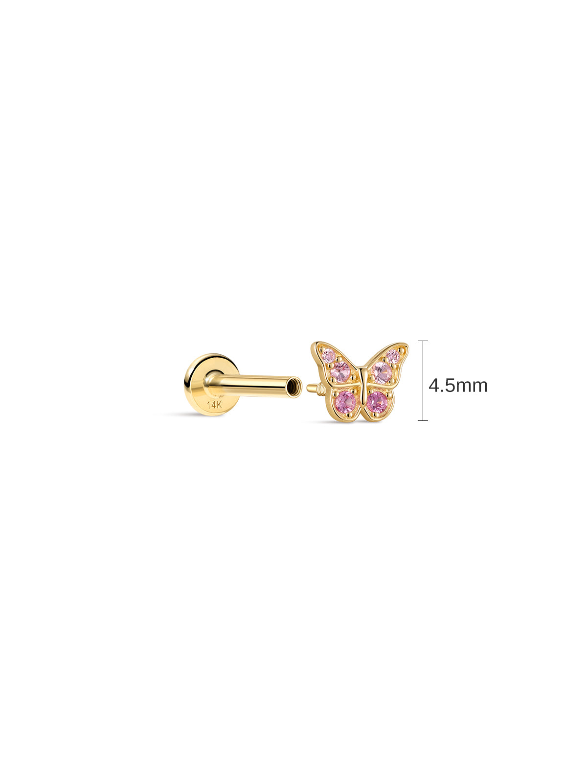 Side view of 4.5 mm Little Wonder 14K gold butterfly flat back stud