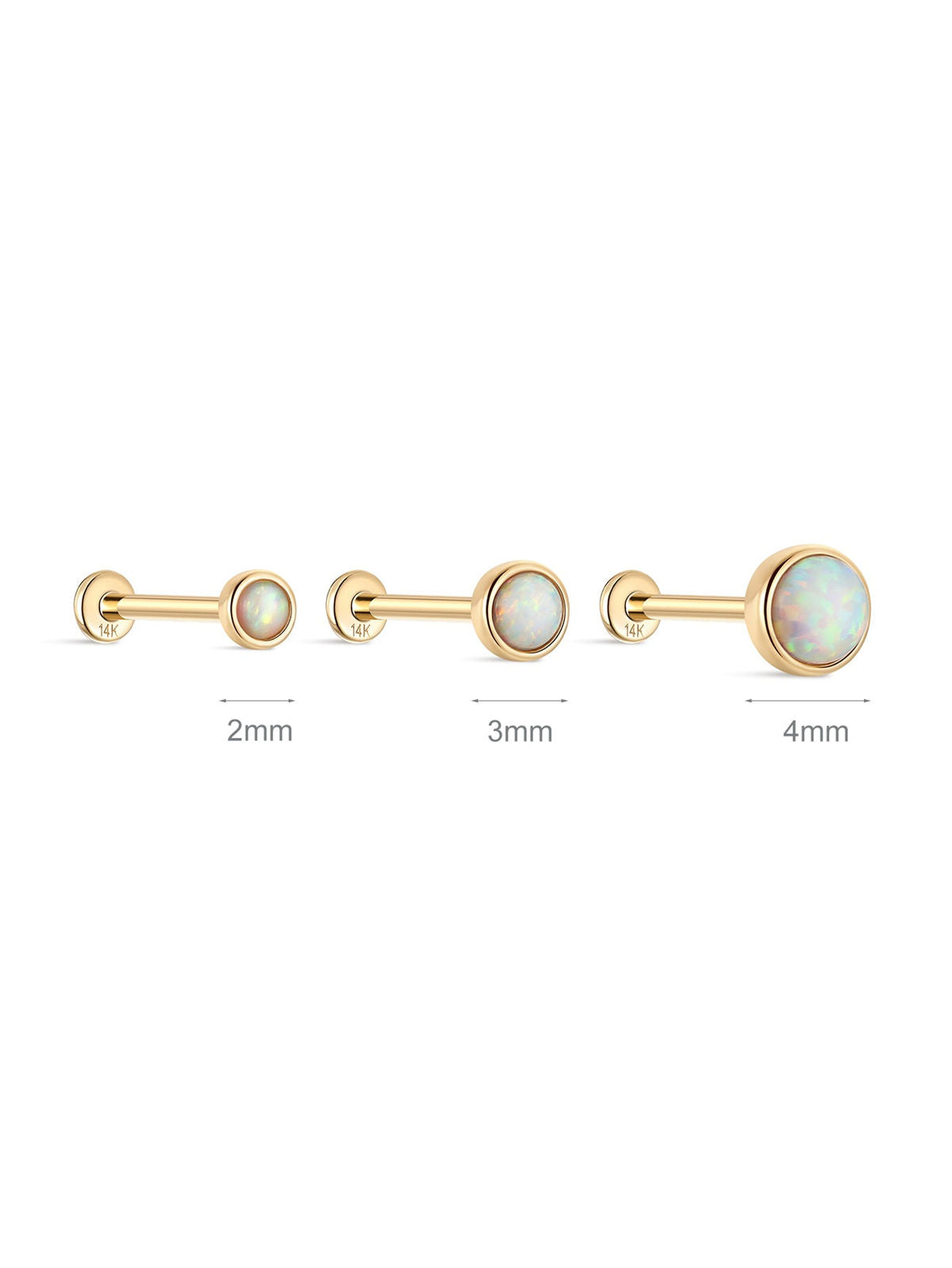 KOSINER 14K Solid Gold Elegant Opal Flat Back Stud three size: 2.0mm, 3.0mm, 4.0mm