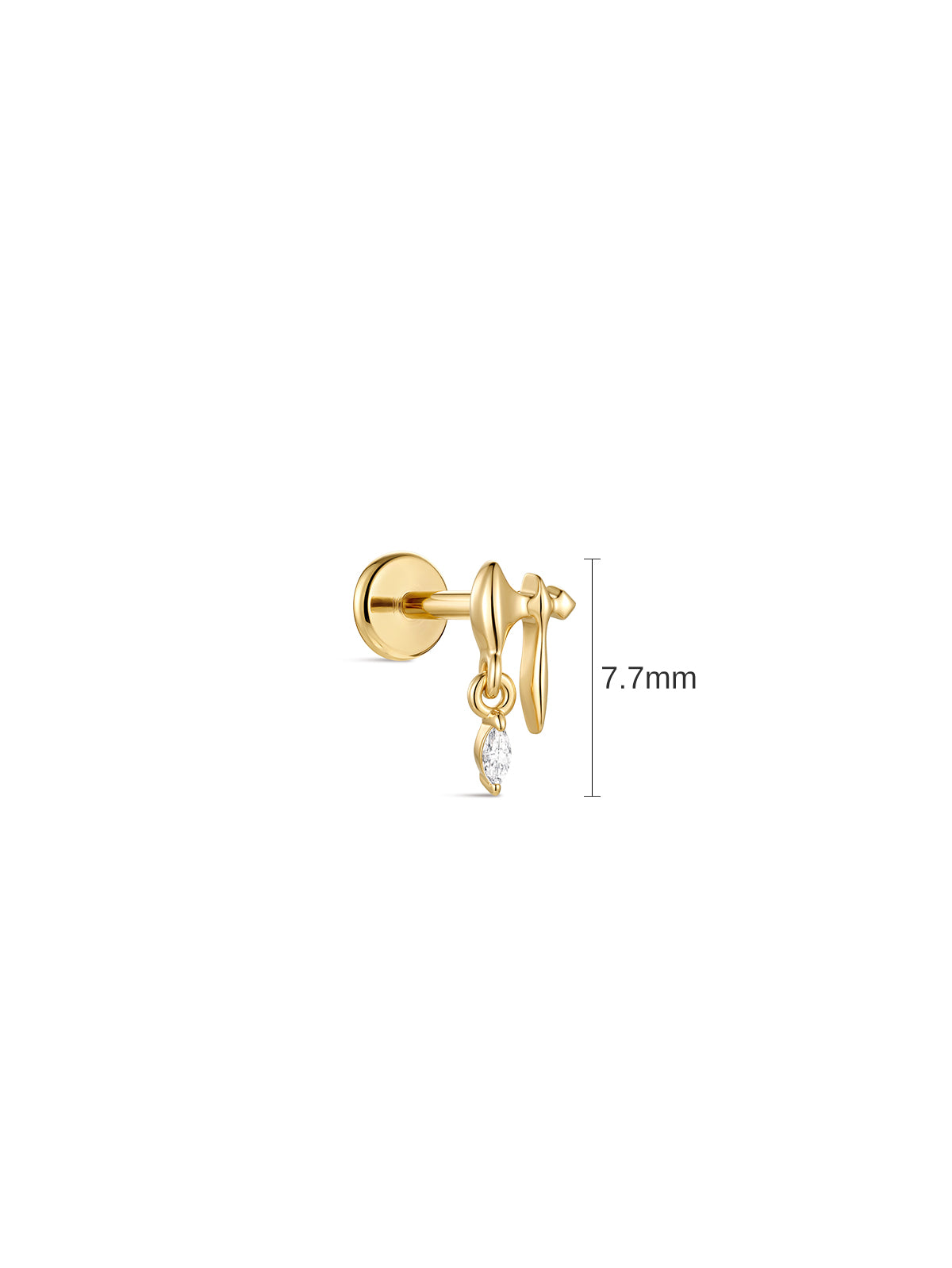 7.7mm dimension reference of 14K solid gold battle axe drop flat back stud, CZ dangle axe cartilage earring white background`