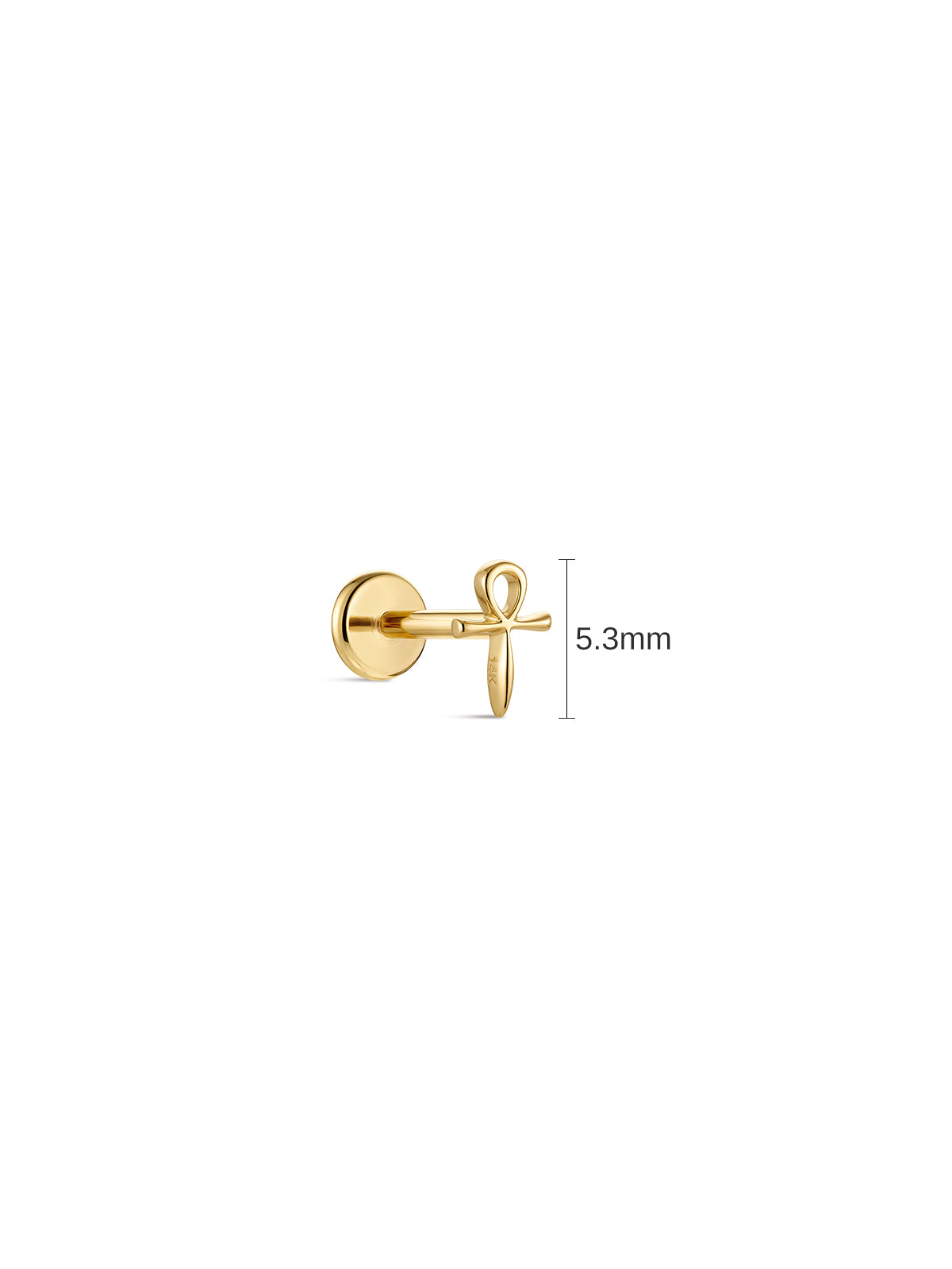 5.3mm dimension measurement of 14K solid gold Ankh cross flat back stud, Egyptian symbol cartilage piercing earring size reference white background