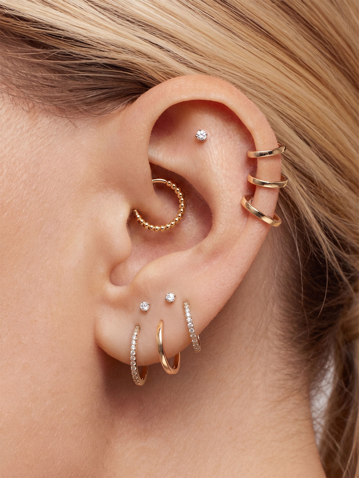 KOSINER 14K Solid Gold Classic Smooth Ball Beaded Clicker Hoop, Nickel-Free Waterproof Minimal Daith Helix Tragus Piercing Jewelry for Women