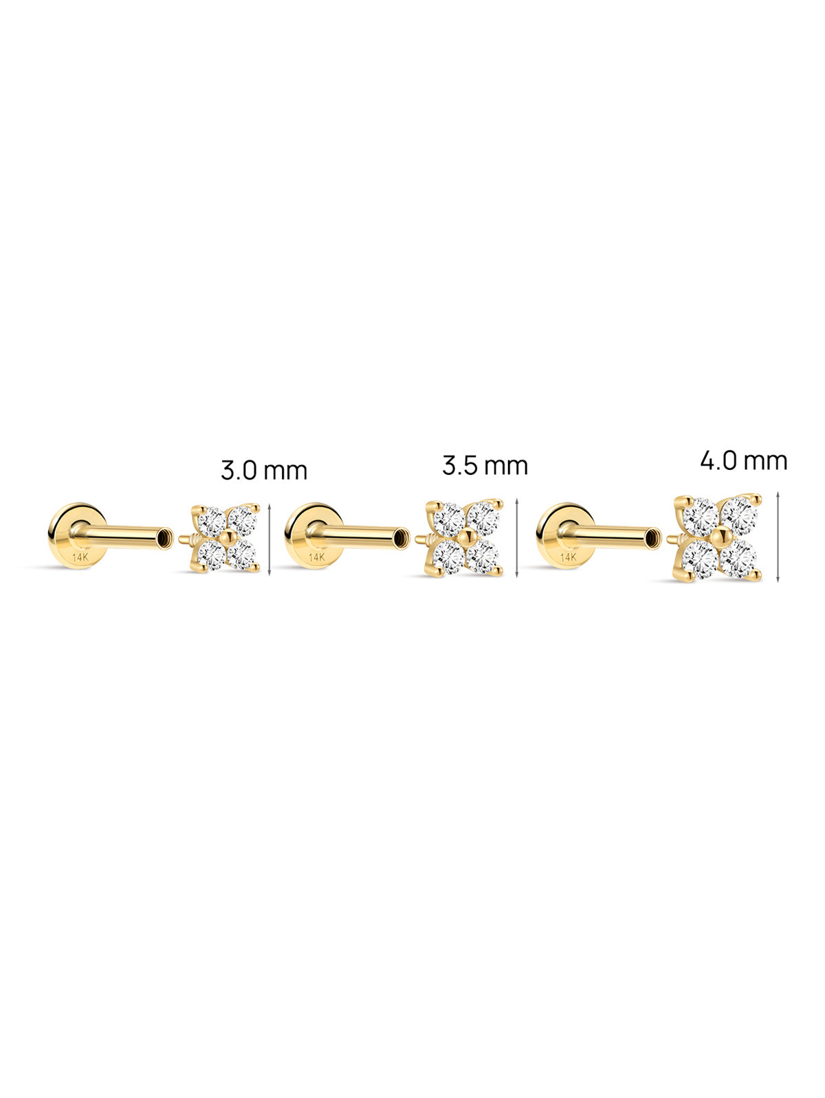KOSINER 14K Solid Gold Four-Petal Flower Flat Back Stud, 3/3.5/4mm sizes, waterproof hypoallergenic for helix conch piercings