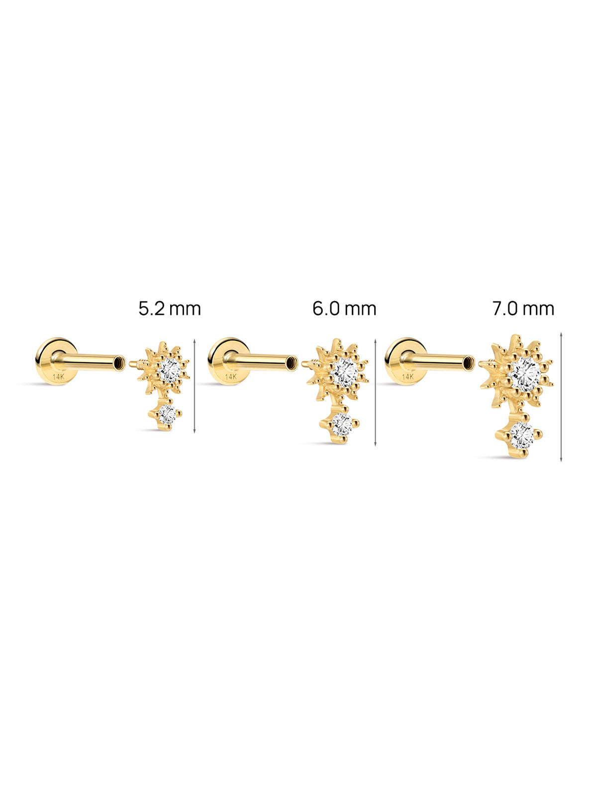 KOSINER 14K Solid Gold Sunflower Flat Back Stud, Nickel-Free Hypoallergenic, Internally Threaded Piercing Jewelry for Helix, Conch, Tragus & Lobe